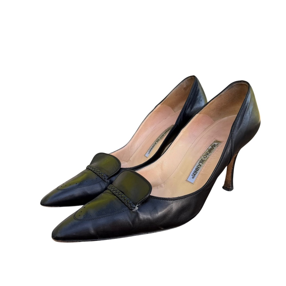 Manolo Blahnik Black Leather Pointed Toe Loafer Pumps Braided Trim Heels Size 39